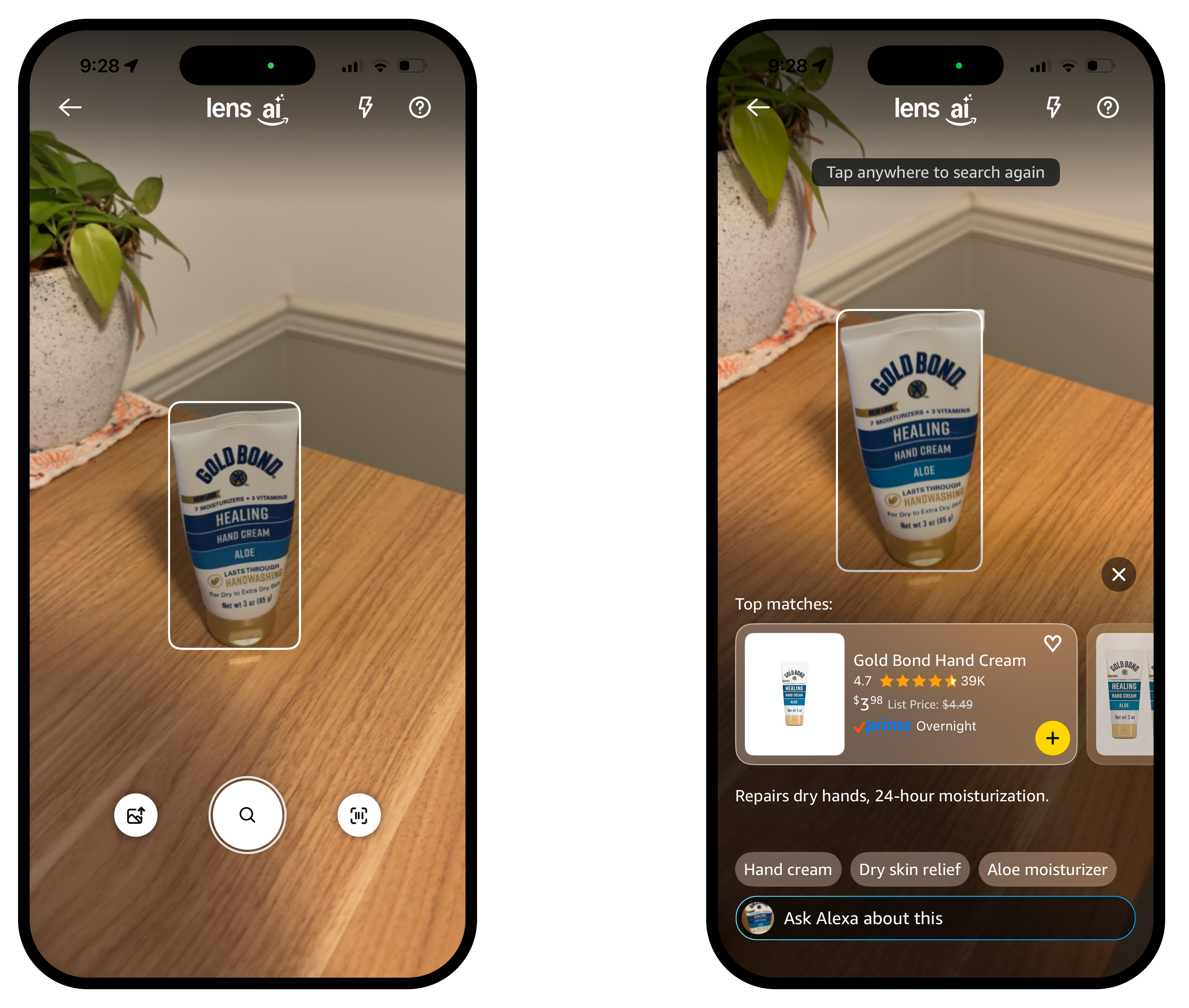 Latest Amazon Lens UI showing the updated auto search camera experience.